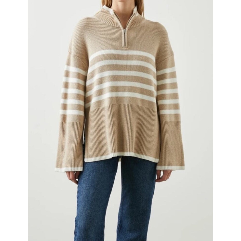 Rails Tessa Sand Stripe Mock Neck Quarter‎ Zip Ribbed Knit Sweater Medium
